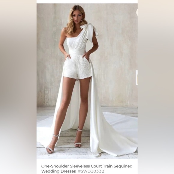Dresses & Skirts - Missacc Ivory One Shoulder Bridal Romper Train Sequin Dress Size 14 Wedding